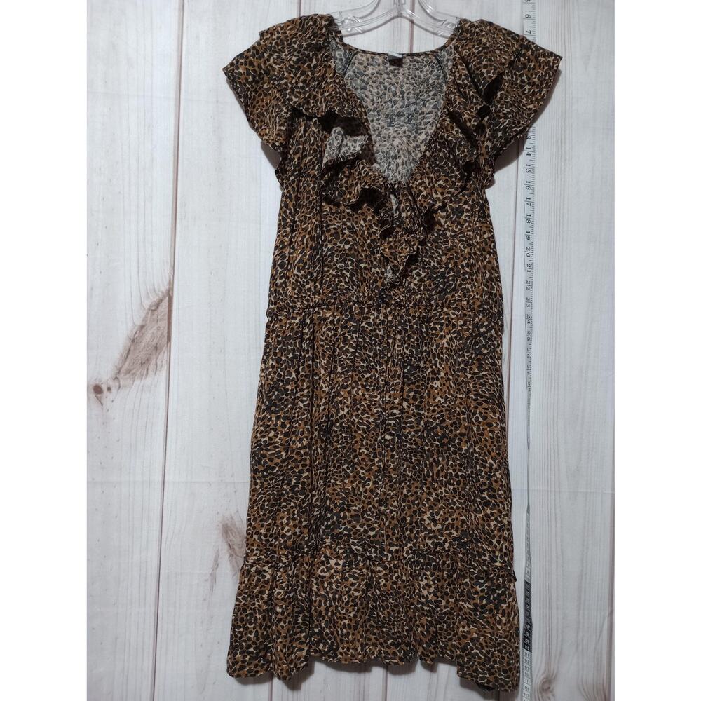 Old Navy Dress Womens Large Brown Leopard Ruffle Short Sleeve Deep Pockets Rayon